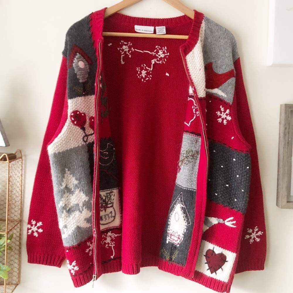 Vintage Croft Barrow Red Winter Patchwork Cardinal Snowflake Full Zip Sweater XL - Picture 4 of 14